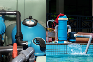 Ilustrasi pompa dan filter kolam renang. Ini perbedaan menjalankan keduanya.