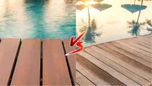 Ilustrasi decking kayu vs PVC untuk kolam renang. Mana lebih baik?