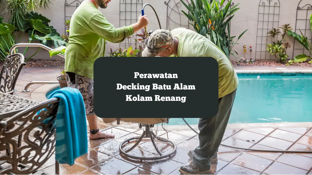 Ilustrasi membersihkan decking batu alam kolam renang. Ini yang dilakukan.