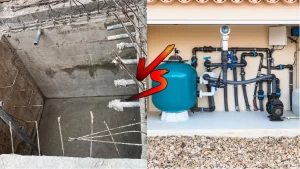 Ilustrasi ruang mesin kolam renang di bawah tanah dan di atas tanah. Mana lebih baik?