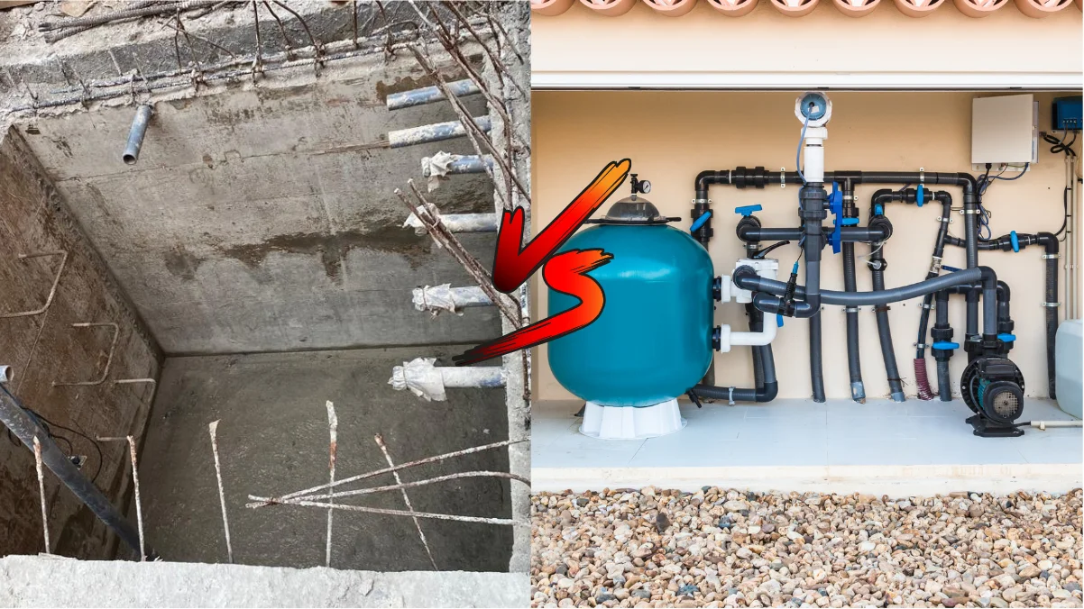 Ilustrasi ruang mesin kolam renang di bawah tanah dan di atas tanah. Mana lebih baik?