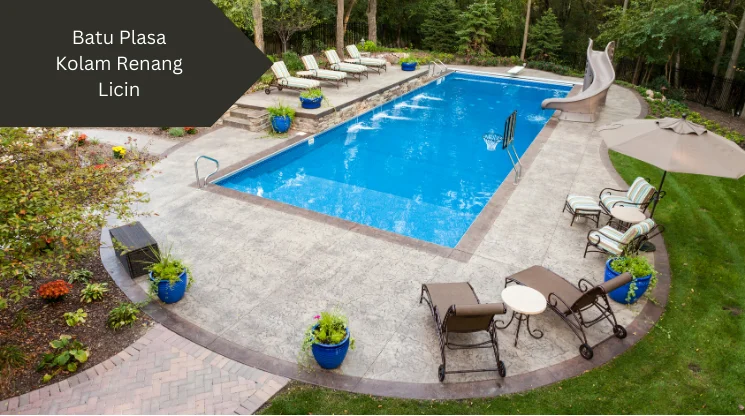 Kolam renang dengan decking batu. Ini cara mengatasi batu plasa kolam renang licin.