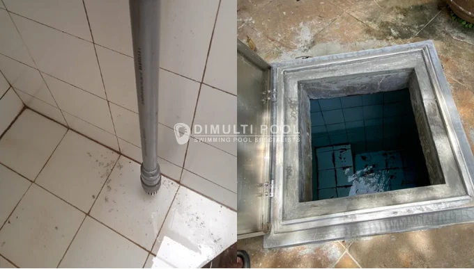 Kondisi pemasangan foot valve di balancing tank kolam renang.