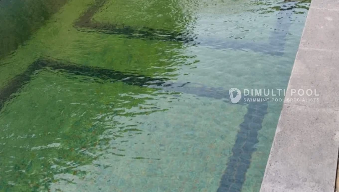 Kondisi air kolam renang yang berwarna hijau bening.
